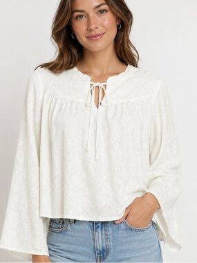 Lost + Wander Peasant Top L White Paisley Eyelet Tie Front Bell Sleeve Boho NWT